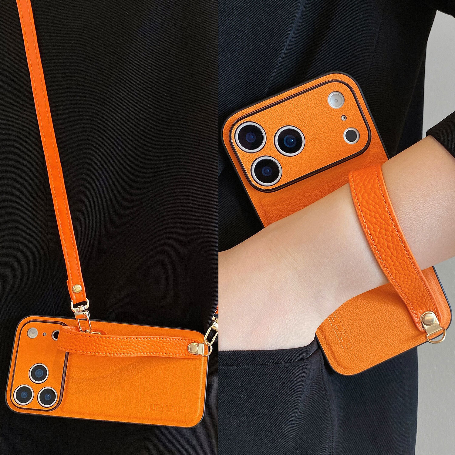 星宇橙高级皮条手腕带适用小米17手机壳一加ACE6/5斜挎红米k90k80背带15ultra金属链条note15/14皮绳防摔挂绳