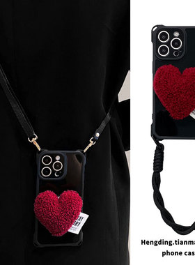 亮黑新年红毛绒爱心支架适用红米Note15/14pro手机壳k90高级感Turbo4手提k80k70腕带13斜挎k60背带挂脖防摔12