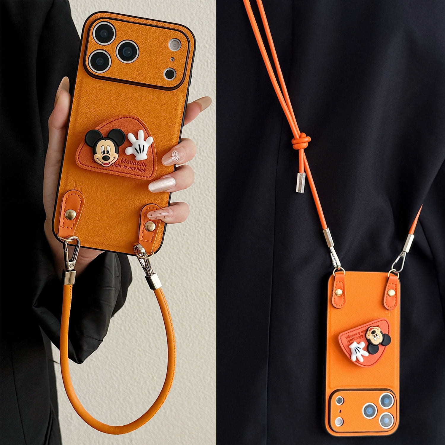 卡通橙色皮纹米奇支架适用苹果17pro手机壳16promax皮革斜挎15pro可爱挂绳14防摔iPhone13女12pro防摔背带11