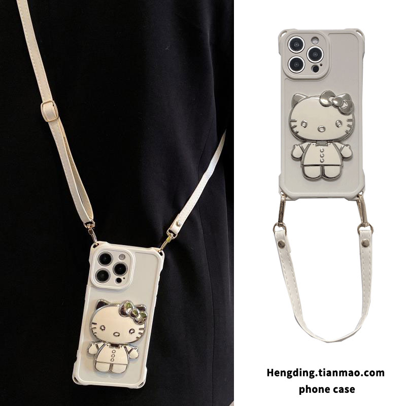 四角可挂白金KT猫补妆镜子支架适用vivoX200手机壳x100s19手提绳s18斜挎x90x80x70侧背s17s16s15女x60防摔s12