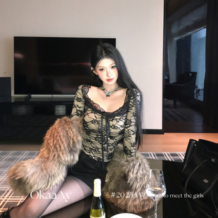 Okaaay【早秋辣妹】秋季纯欲风蕾丝打底衫女修身御姐风长袖上衣