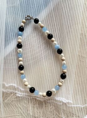 天然蓝色海蓝宝施家珍珠天河石头串珠夏季项链女轻奢小众锁骨颈链