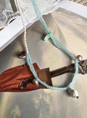 2024新款天然米珠蓝色玻璃珍珠贝壳有趣自然清爽个性风潮项链