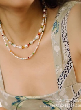 2022新款米珠大彩色珠子天然珍珠choker项链设计师新款高级