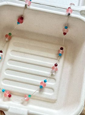 夏季小清新粉红水晶项链天然石大珠小珠百搭项链精致锁骨链