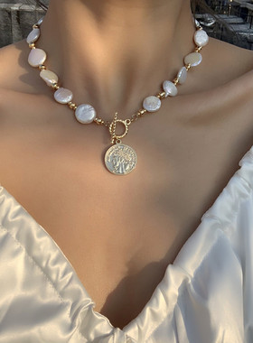 欧阳娜娜张艺兴同款天然巴洛克珍珠硬币项链 气质设计师OT扣锁骨