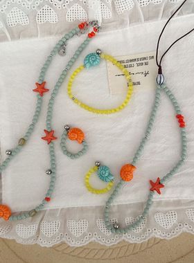 小众设计黄色珠珠串珠手机链五角星笑脸挂绳钥匙链条手提防丢103