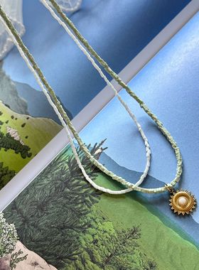 时尚通勤海盐色夏日清新双链太阳吊坠小众原创设计串珠项链