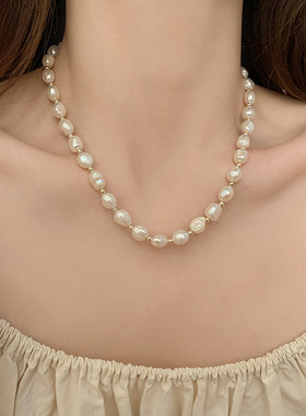 天然巴洛克淡水珍珠铜珠间隔项链女时尚款颈链异形不规则珍珠锁骨