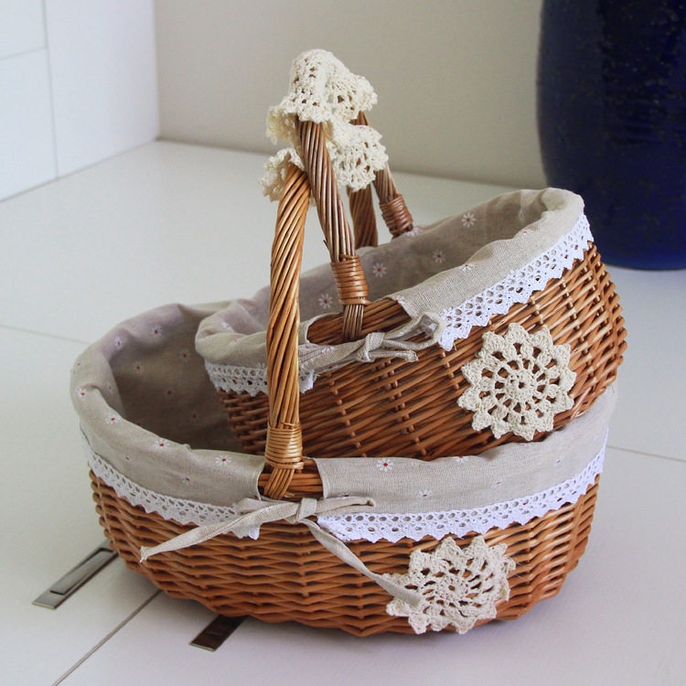 竹制柳编野餐篮手工编织篮子藤编竹篮田园带盖户外手提篮子收纳筐