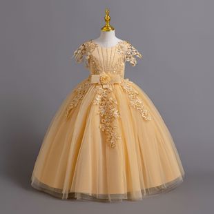 女童高档礼服裙长款连衣裙绑带婚纱公主裙晚会主持走秀钢琴演出服