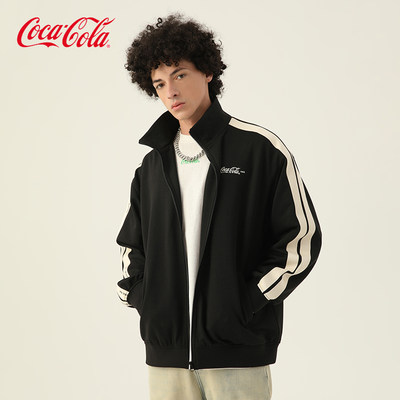 Coca-Cola/可口可乐不对称条纹拼接字母印花立领夹克外套男女同款