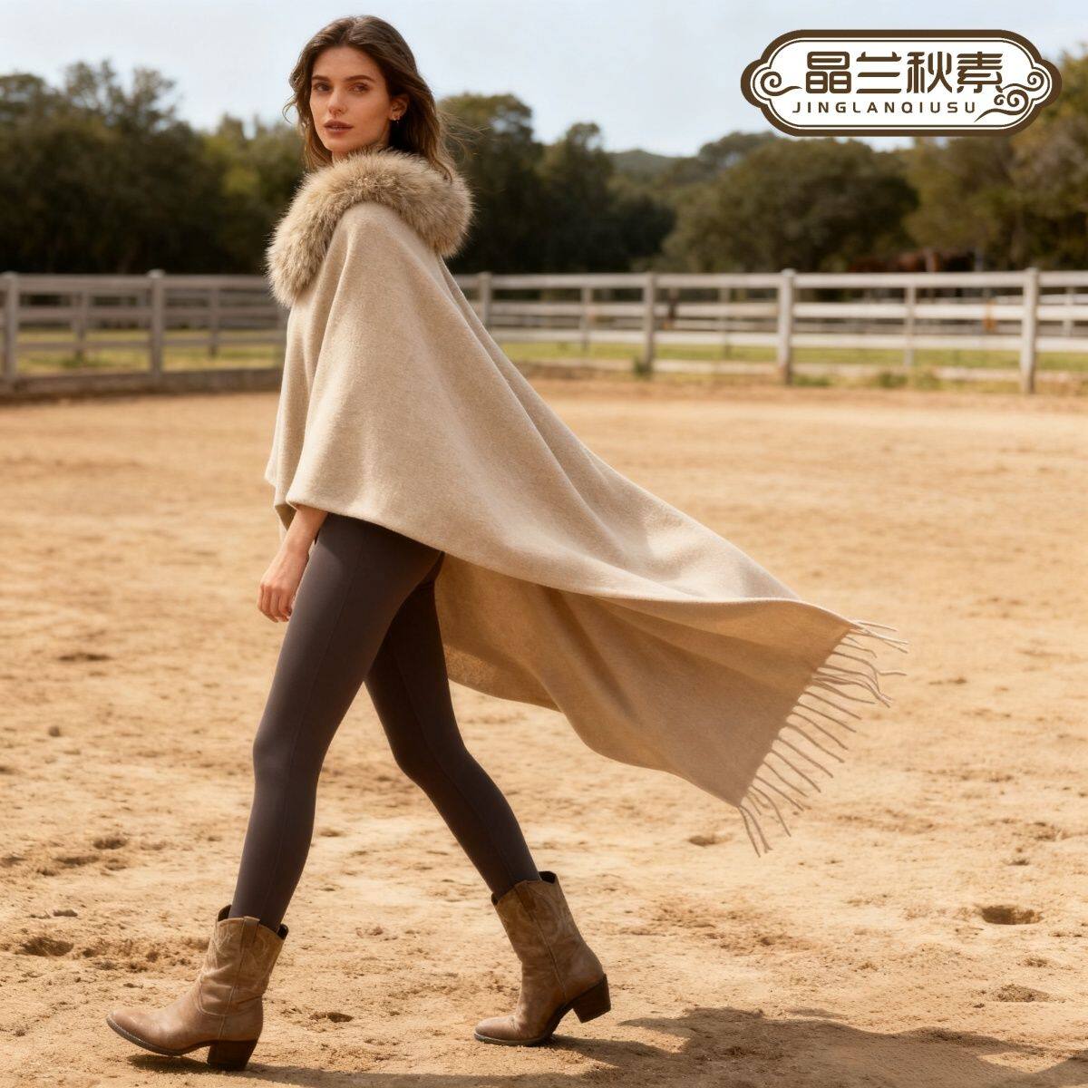 加厚新款欧美风羊绒毛领秋冬时尚披肩针织流苏百搭斗篷开衫外套