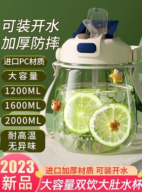 进口大肚肚水杯耐高温食品级成人儿童女生高颜值2000ml大容量水杯