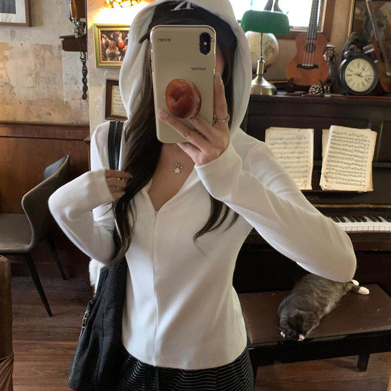 白色韩系拉链连帽修身长袖T恤女2026秋季新款气质打底衫外套上衣