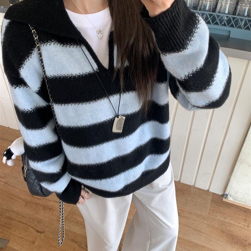 韩系翻领条纹拼接撞色针织衫女2025早秋季宽松慵懒风套头毛衣外套