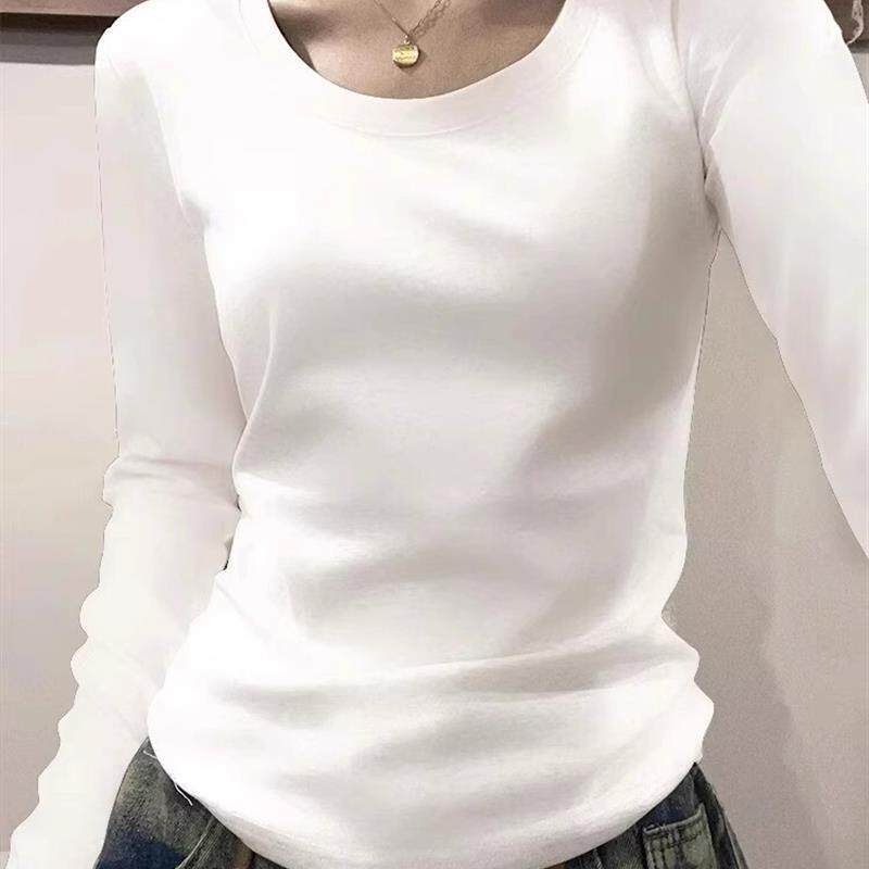 白花灰U领正肩长袖T恤女秋冬纯棉加薄绒内搭低领万能打底小衫上衣
