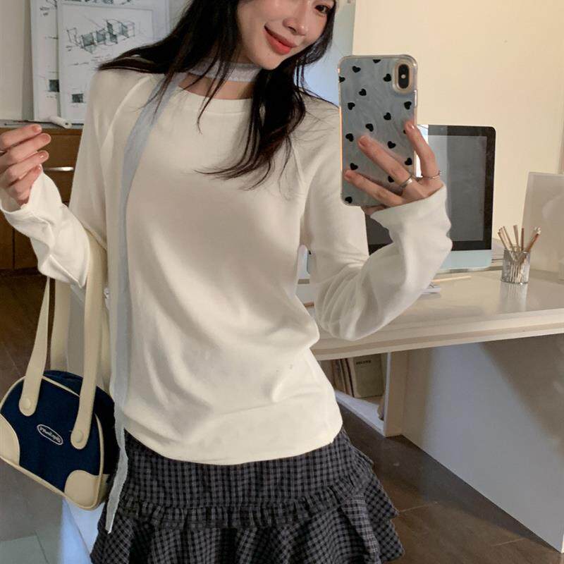 奶黄色圆领长袖休闲T恤2026女装春款内搭小个子修身气质绝美上衣