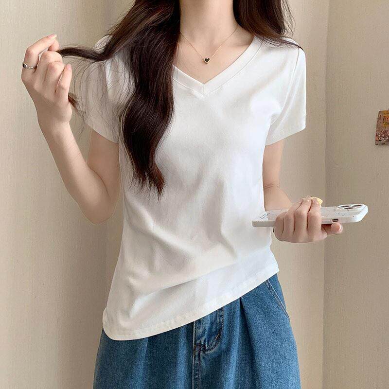 白色V领纯棉T恤女装半袖2025年新款夏季基础款正肩小个子短袖上衣
