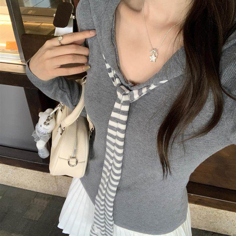 学院风条纹海军领拼接长袖T恤打底内搭秋季穿搭韩系上衣假两件女