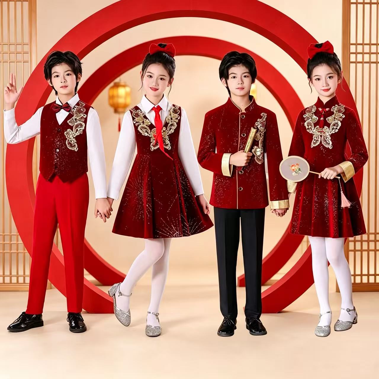 儿童合唱服小学生喜庆朗诵演出服图片