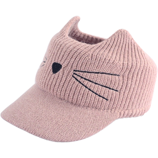 秋冬儿童帽子女童空顶毛线鸭舌帽卡通猫咪男宝宝加绒遮阳保暖帽潮