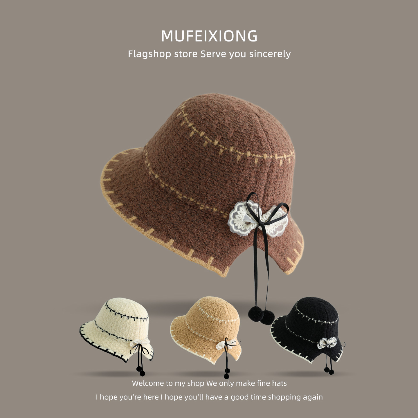 日系儿童针织渔夫帽百搭蝴蝶结显脸小秋冬保暖防风宝宝毛呢盆帽