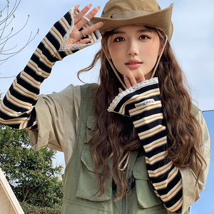 夏季防晒纯棉袖套女蕾丝拼接条纹宽松遮阳透气薄款手套