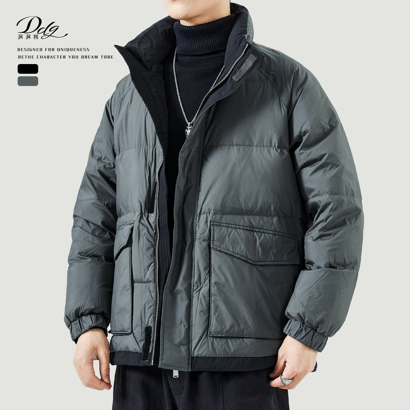 灰色潮流立领工装羽绒服男士冬季2025新款高级感宽松加厚保暖外套