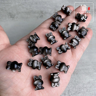雏灵黑耀石 古风卡通天然黑耀石银曜石小萌兔