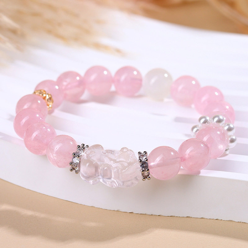 天然水晶马达加斯加粉晶貔貅手链爱情桃粉色时尚女款手串饰品