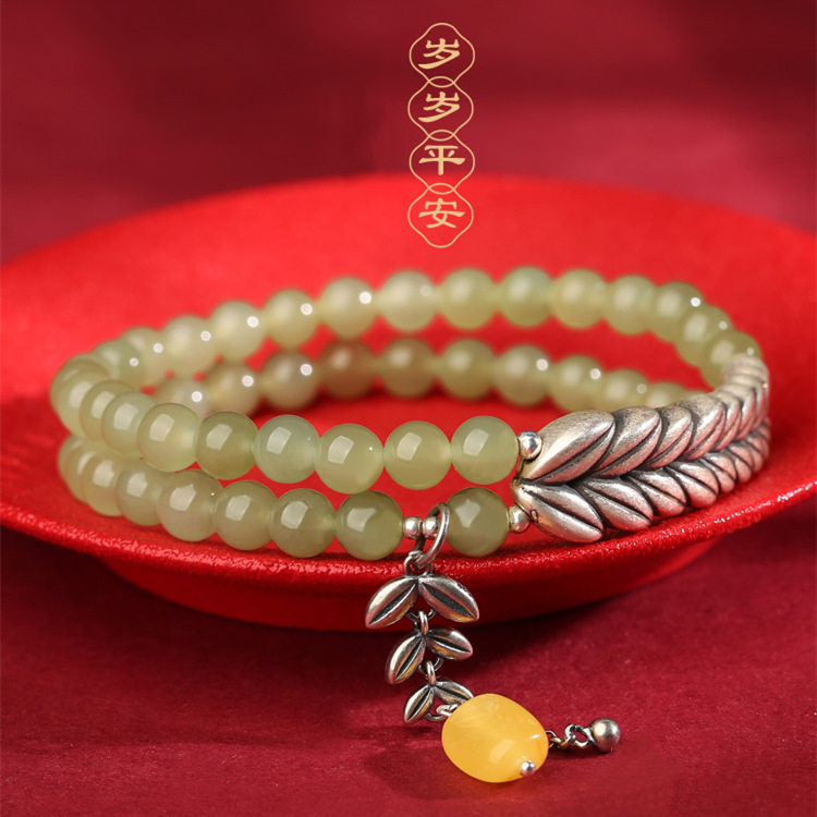 和田玉手链女生晴水岁岁平安天然玉石青玉手串S925纯银饰生日礼物