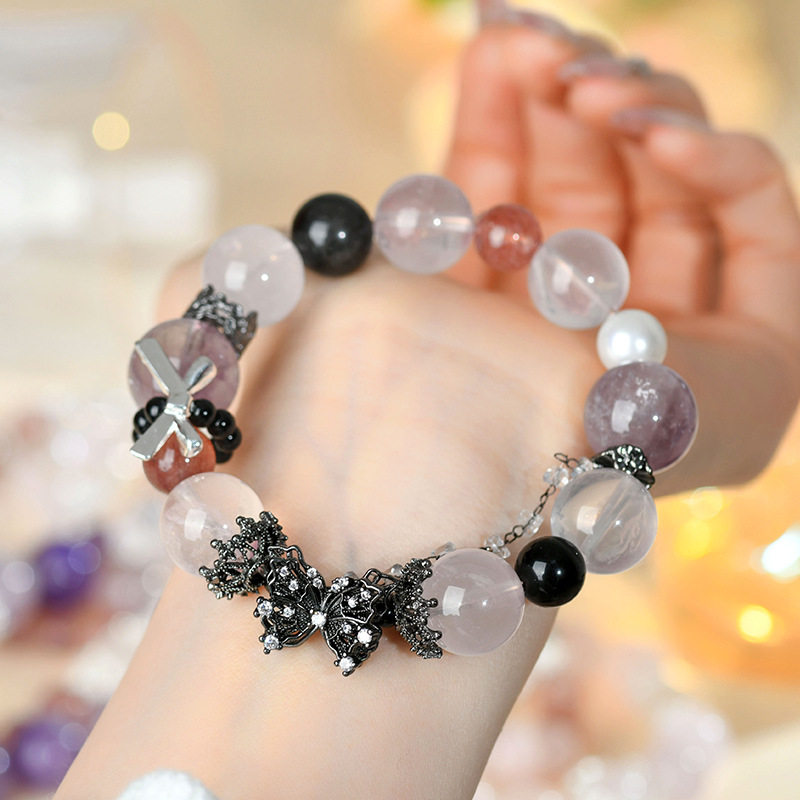天然水晶多宝蝴蝶手链紫水晶粉晶草莓晶原创时尚大气女款手串
