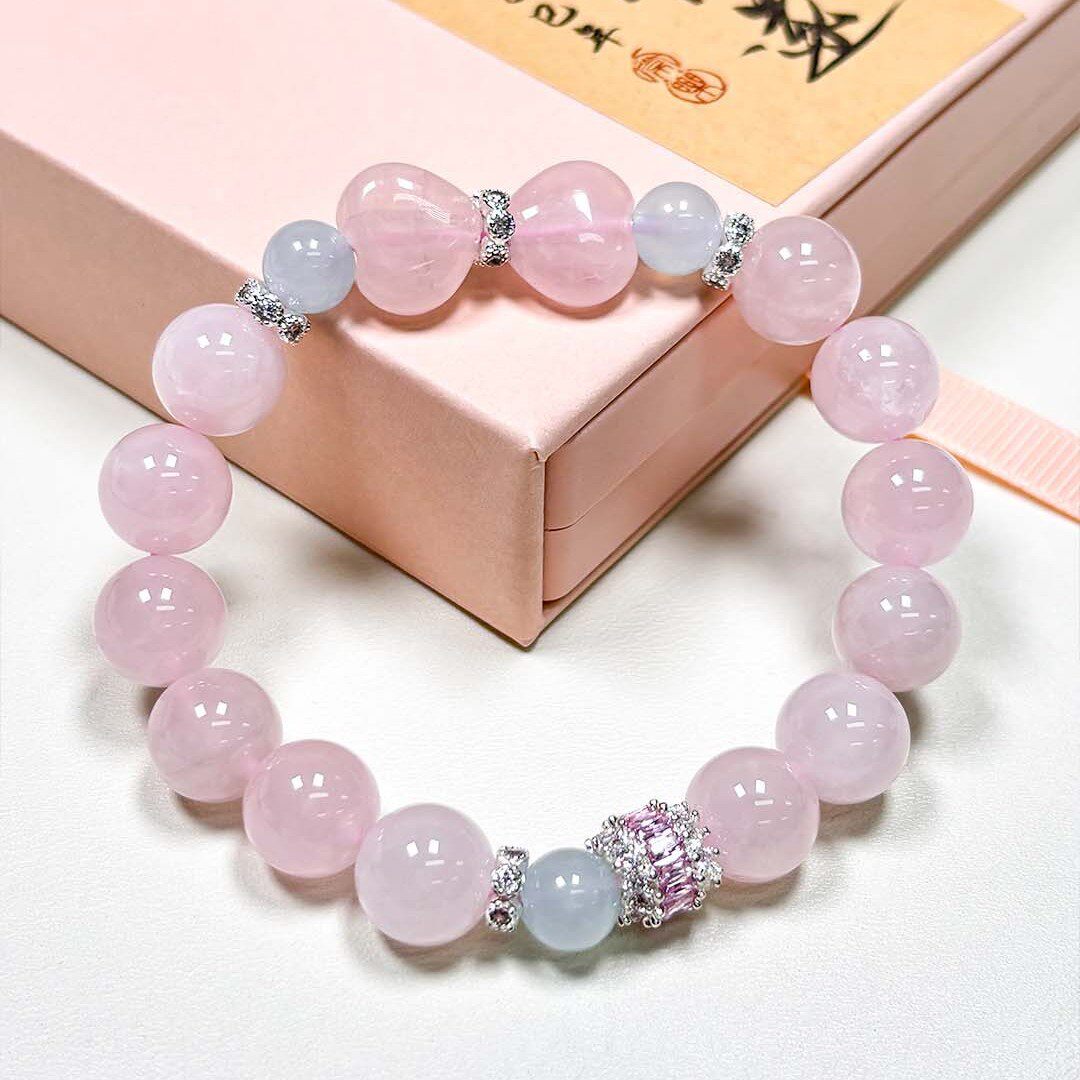 天然马达加斯加粉晶手链海蓝宝粉水晶女果冻马粉色珠手串珠送女友