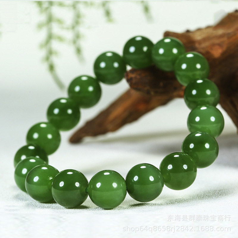 新疆和田玉碧玉手串老坑冰底天然菠菜绿手链玉石串珠男女款山料