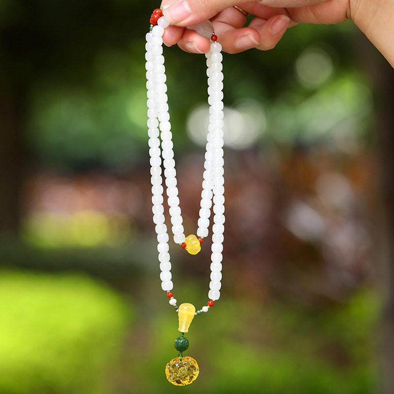 天然和田玉手链女天然白玉手串男DIY玉石南红蜜蜡108颗多圈老型珠