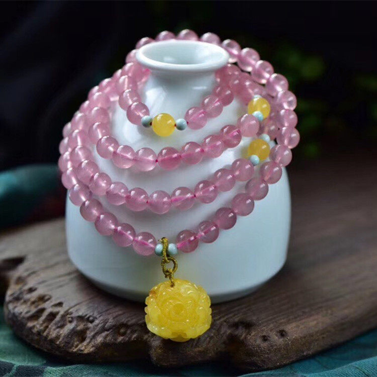 天然粉晶多圈手链蜜蜡牡丹花吊坠配蜜蜡圆珠玛粉手串清新百搭款