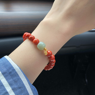 天然川料瓦西柿子红气质简约南红手链单圈女平安扣碧玉配饰