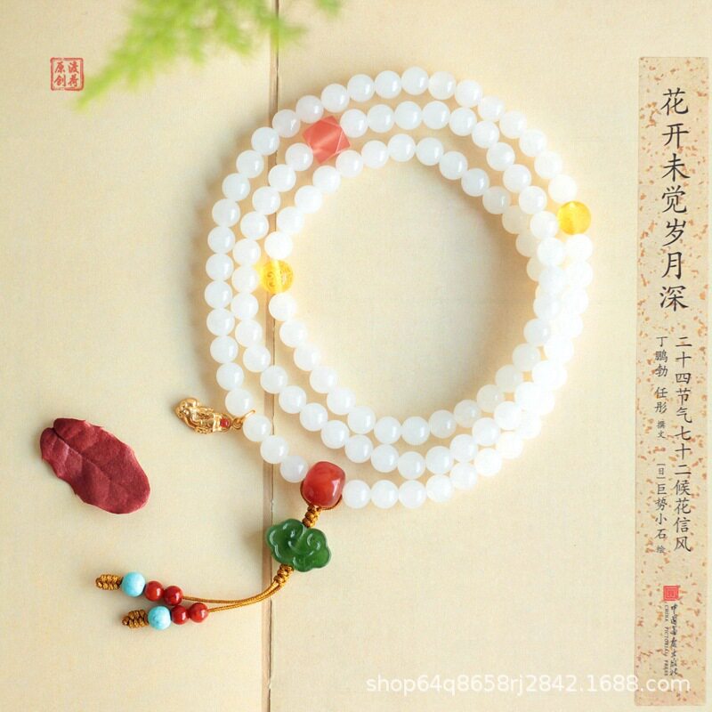 原创天然和田白玉108颗女款多圈手串手链项链佛珠民族风手饰配饰