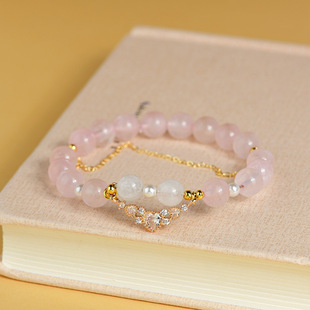 天然粉水晶皇冠白玉石手串小众轻奢设计清新甜美时尚少女手链