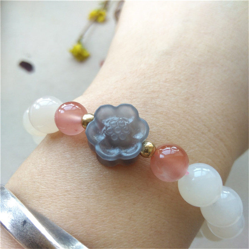 天然和田玉单圈手链DIY手工原创搭配烟紫料小花配件白玉手串10mm