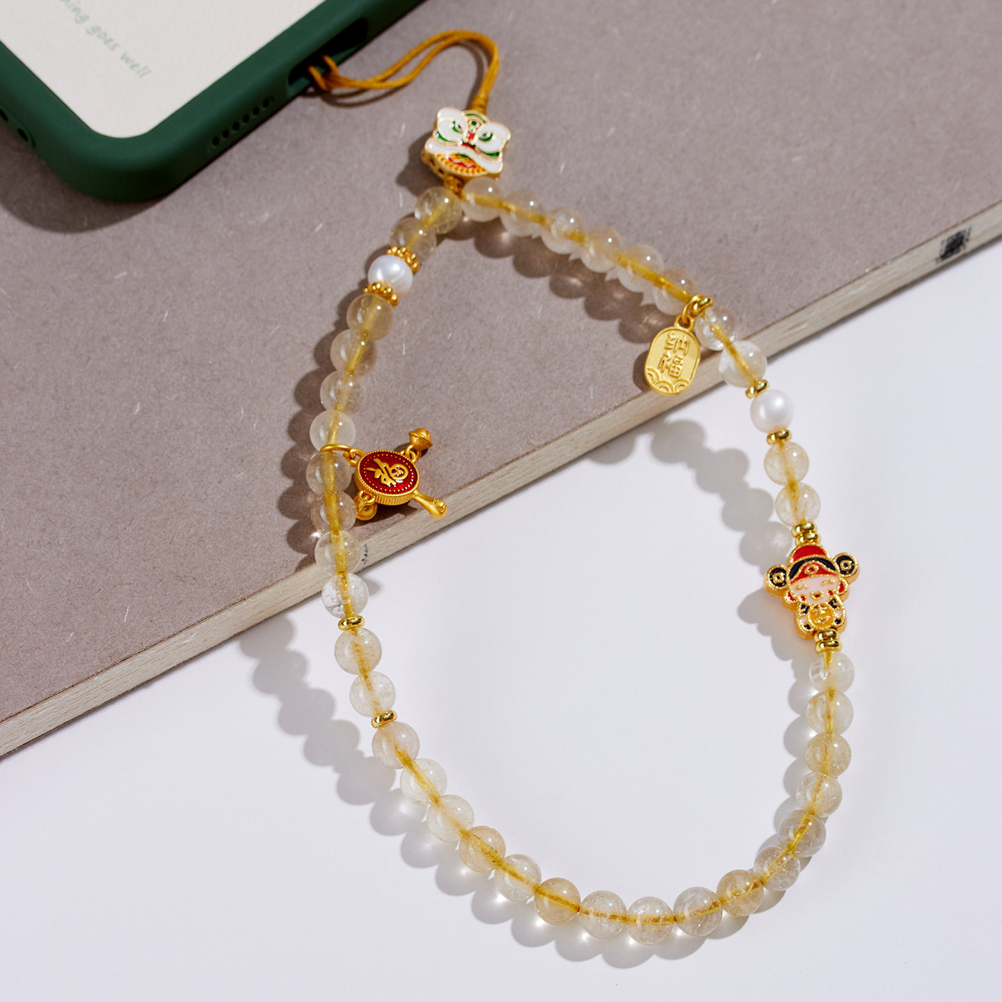 天然水晶黄发晶手机链挂件新中式国风原创女士钥匙扣包挂饰品