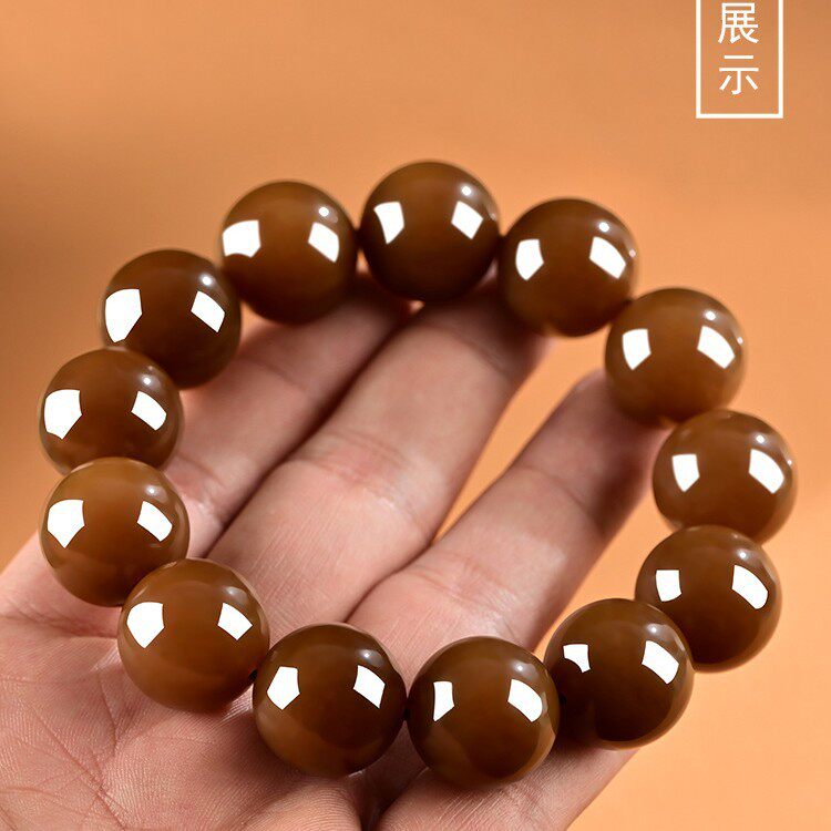 天然新疆和田玉且末糖手串男女款老坑料全红糖色玉石手链手持饰品