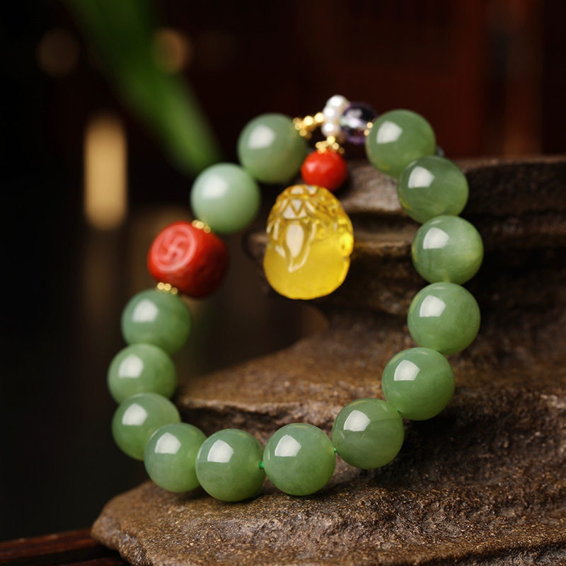 天然和田玉手串女碧玉珠手链DIY蜜蜡貔貅南红玉石单圈手饰品12mm