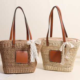 镂空单肩草编包新款丝巾编织包度假风沙滩包百搭女包蕾丝装饰拉链