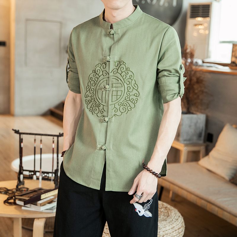 中国风男装刺绣棉麻唐装长袖衬衫中式亚麻复古装禅服居士民族服装