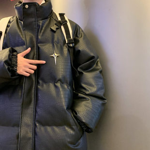 美式cleanfit皮面棉服男款冬季潮牌痞帅男士棉袄加厚外套pu皮棉衣
