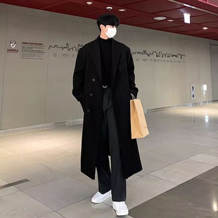 春秋季黑色呢子风衣男士中长款宽松毛呢大衣百搭文职加厚潮流外套