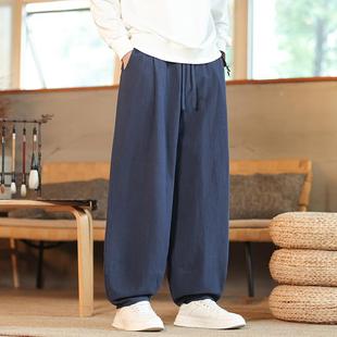 秋冬季中国风亚麻休闲长裤男宽松汉服阔腿裤子复古棉麻太极灯笼裤