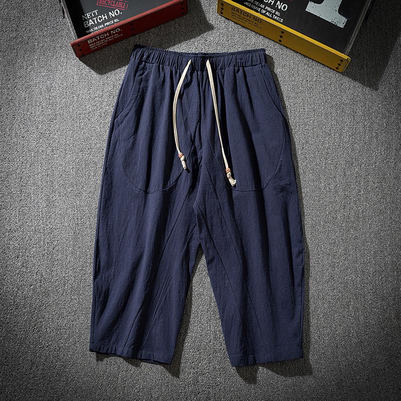 亚麻裤男士夏季薄款七分裤宽松休闲裤麻布麻料裤子潮流百搭五分裤